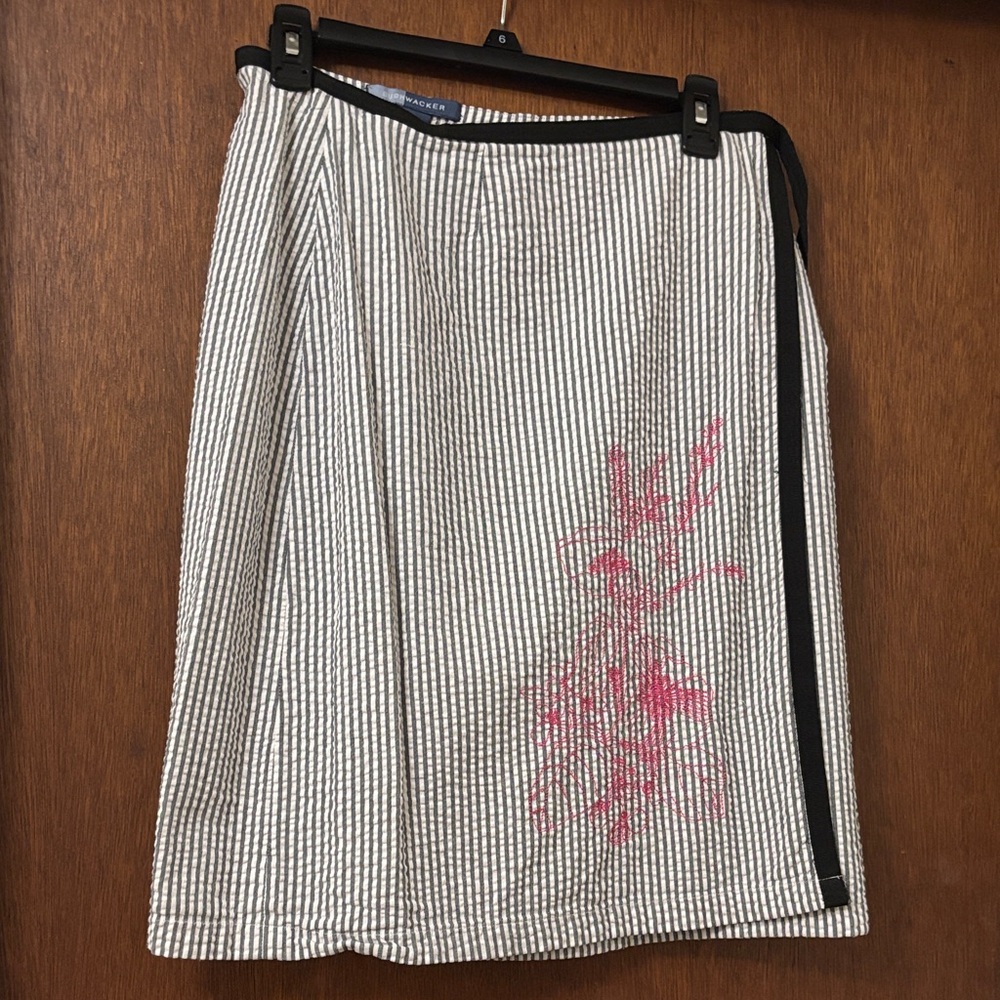 Bushwacker Seersucker A-Line Wrap Skirt with Pink Floral Detail